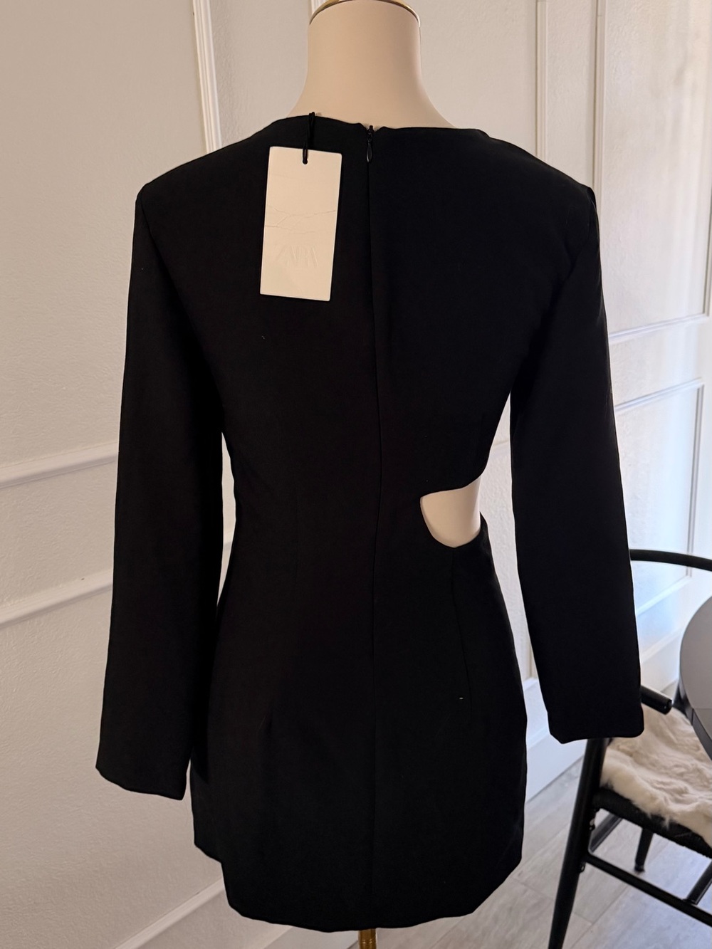 Zara Black Asymmetric Cutout Long-Sleeve Mini Dress - Picture 2 of 4